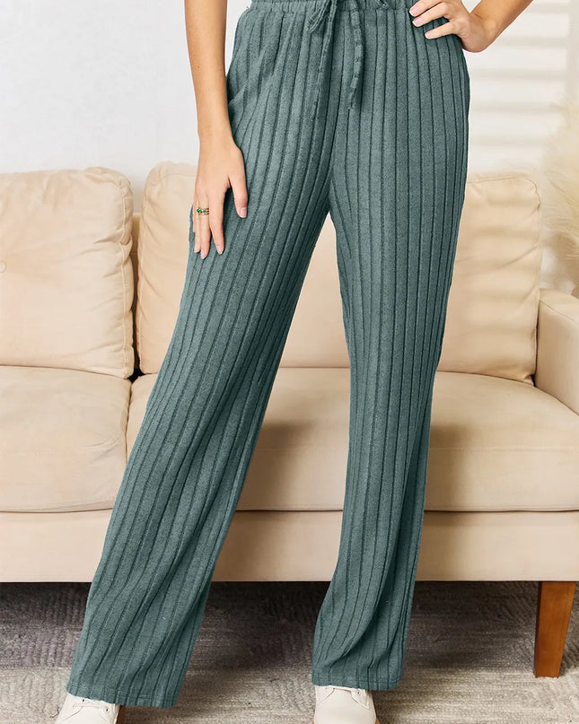 Basic Bae Full Size Ribbed Drawstring Hooded Top and Straight Pants Set