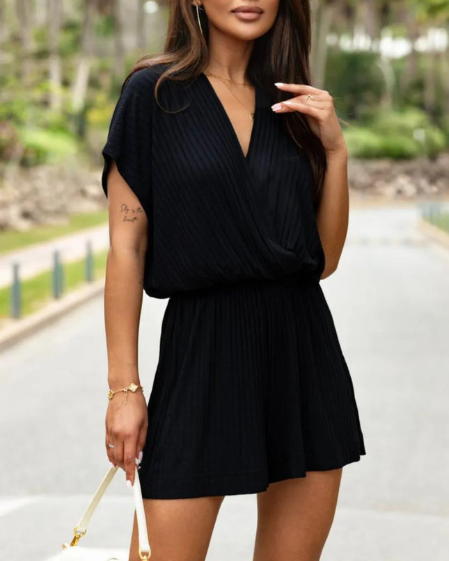 Surplice Short Sleeve Romper Black