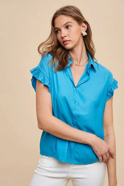 Annie Wear Relaxed Fit Ruffle Sleeve Woven Blouse Top BRIGHT TEAL