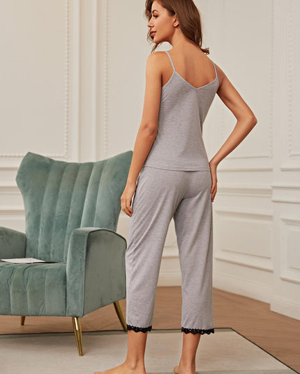 V-Neck Lace Trim Slit Cami and Pants Pajama Set
