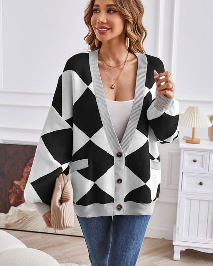 Geometric Lantern Sleeve Cardigan with Pockets Black