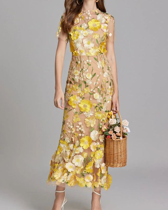 Floral Embroidered Mesh Overlay Maxi Dress Yellow