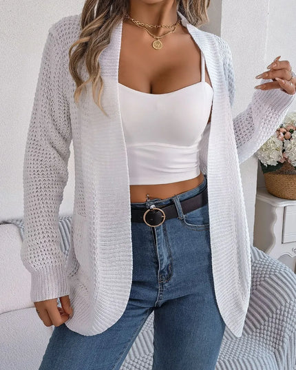 Open Front Long Sleeve Cardigan with Pockets White