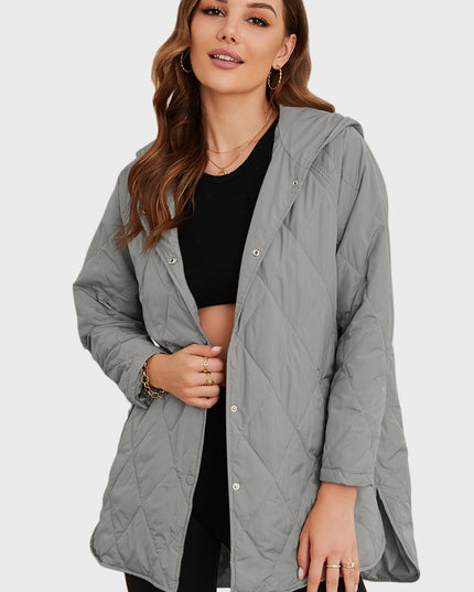 Snap Down Hooded Slit Winter Coat Light Gray