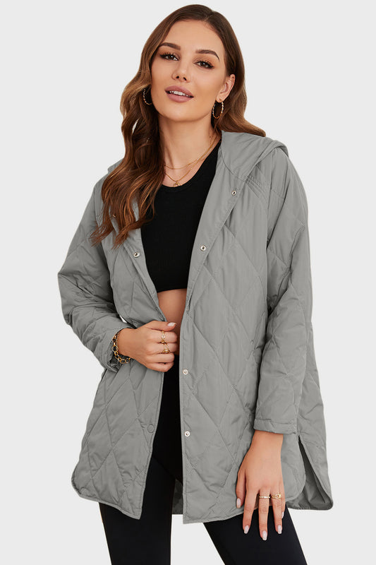 Snap Down Hooded Slit Winter Coat Light Gray