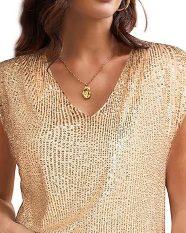 V-Neck Sequin Cap Sleeve Top