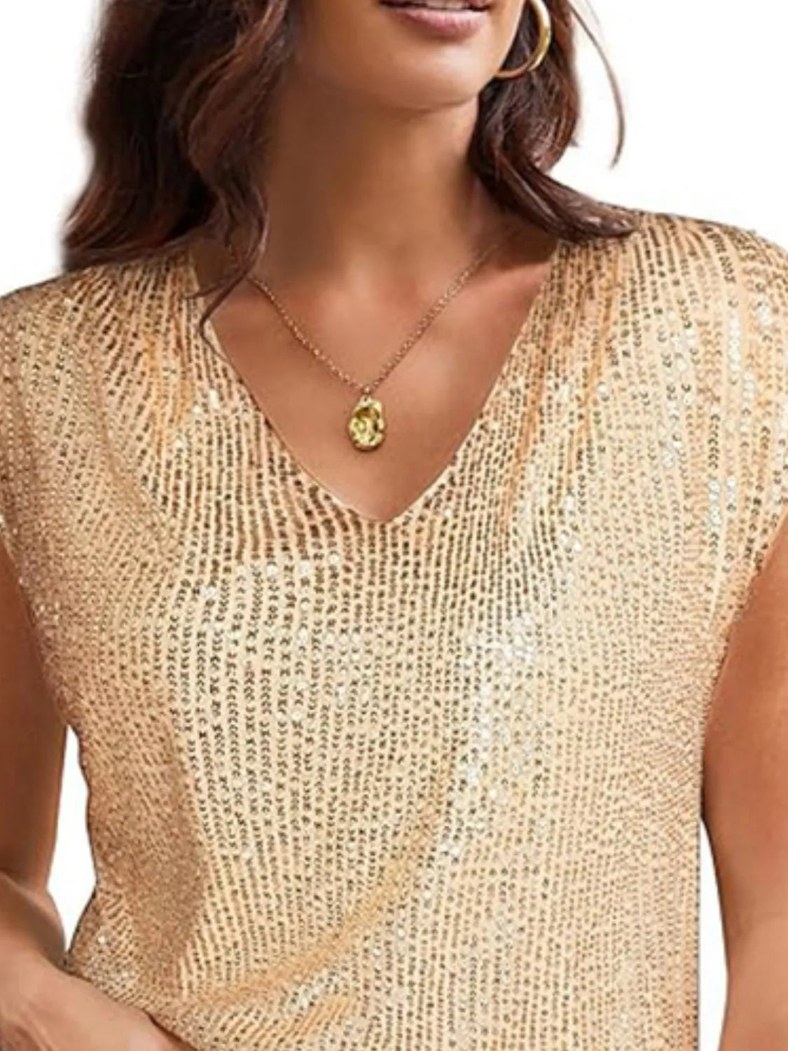 V-Neck Sequin Cap Sleeve Top