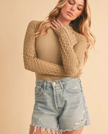 Aemi+Co Mock Neck Ribbed Knit Top with Crochet Sleeve