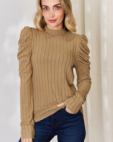 Basic Bae Full Size Ribbed Mock Neck Puff Sleeve T-Shirt Khaki