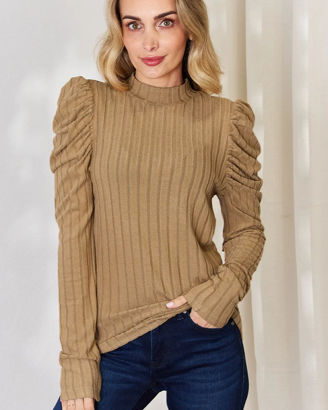 Basic Bae Full Size Ribbed Mock Neck Puff Sleeve T-Shirt Khaki