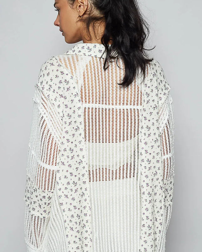 POL Floral Crochet Patchwork Long Sleeve Shirt