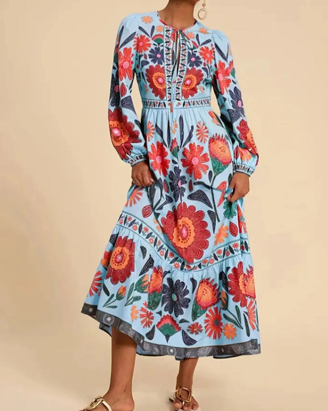 Floral Tie Waist Long Sleeve Dress