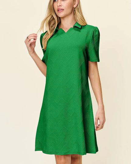Double Take Full Size Texture Collared Neck Short Sleeve Dress Mid Green