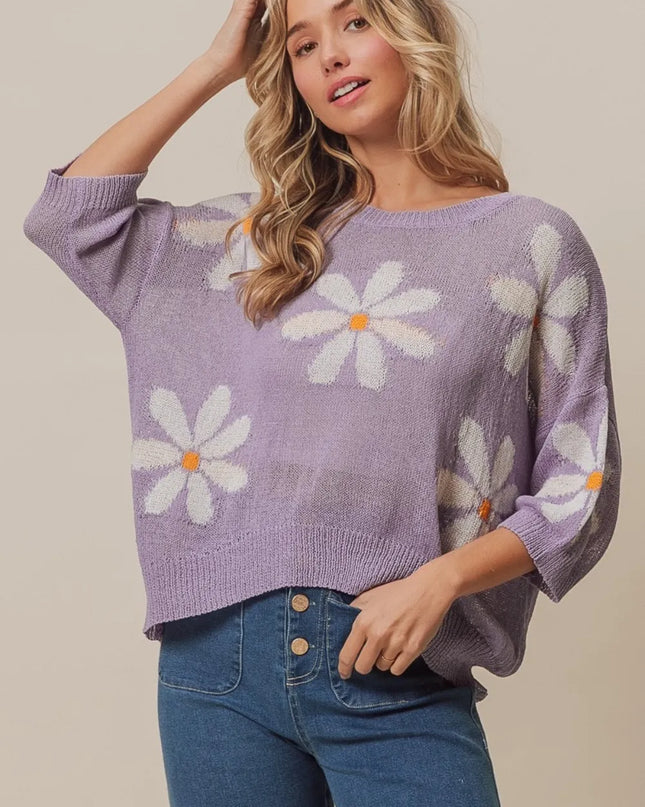BiBi Floral Pattern Slit Sweater Lavender Ivory