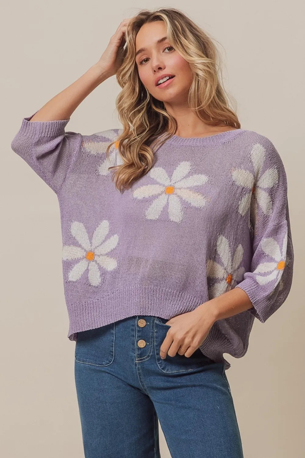 BiBi Floral Pattern Slit Sweater Lavender Ivory