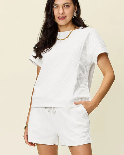 Double Take Full Size Texture Short Sleeve T-Shirt and Drawstring Shorts Set 