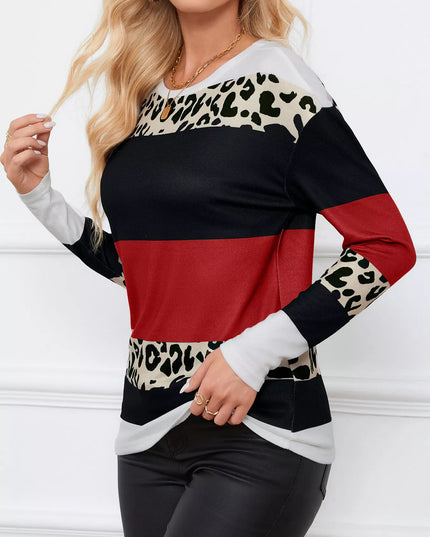 Leopard Color Block Striped Knit Top