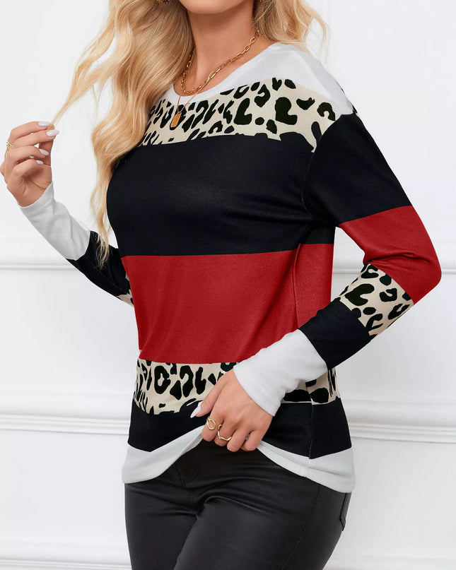Leopard Color Block Striped Knit Top
