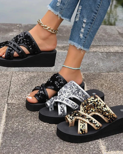 Sequin Platform Wedge Sandals 