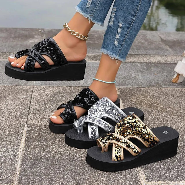 Sequin Platform Wedge Sandals 