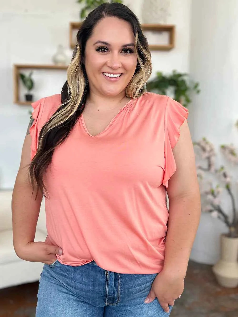 Basic Bae Full Size Bamboo Notched Ruffled Short Sleeve T-Shirt