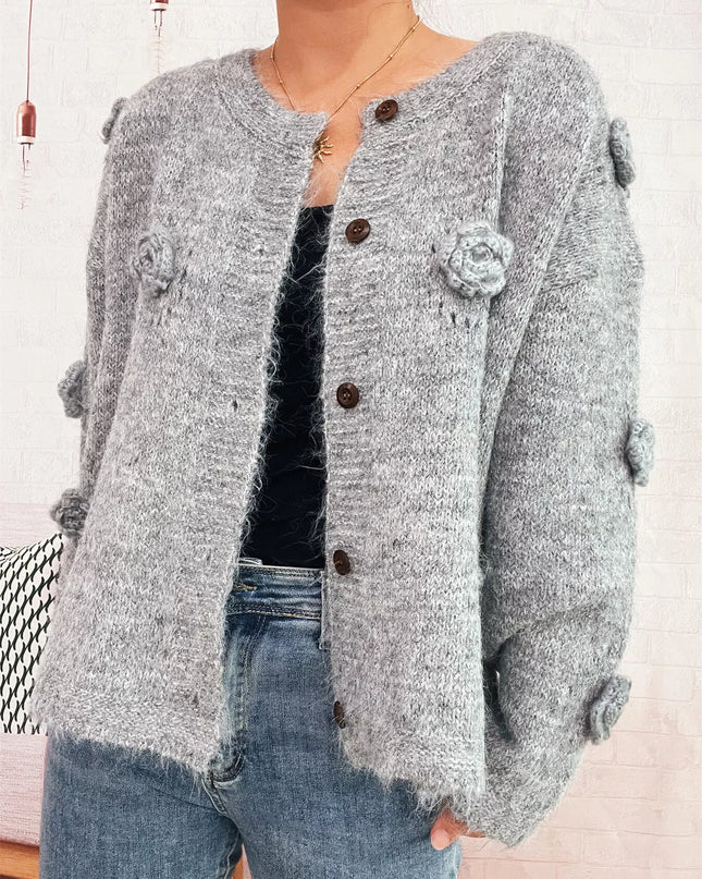 Flower Button-Up Cardigan Gray One Size