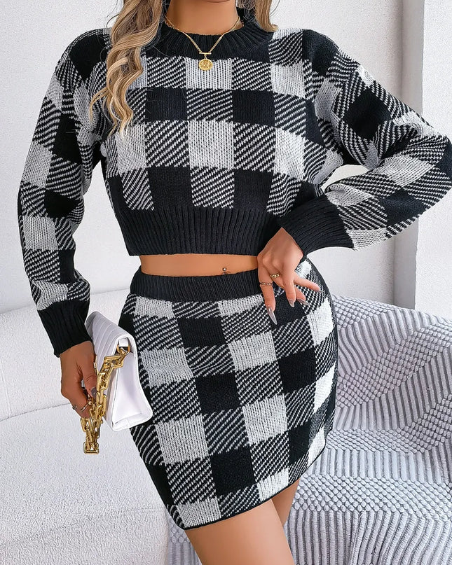 Plaid Round Neck Top and Skirt Sweater Set