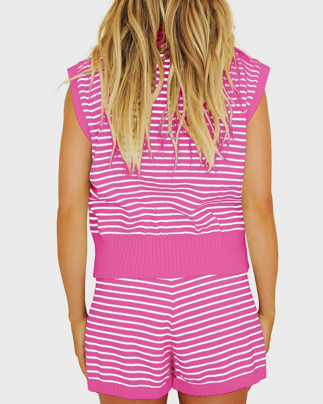 Striped Cap Sleeve Top and Shorts Sweater Set Hot Pink