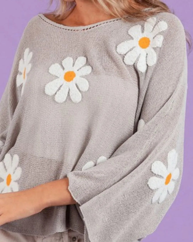 BiBi Flower Embroidery Loose Fit Knit Top