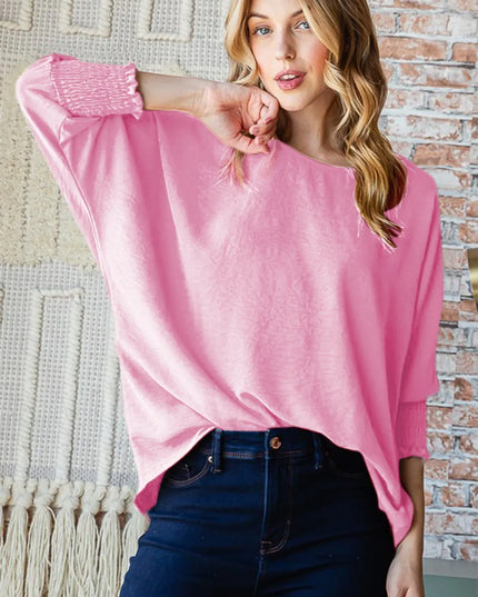 Reborn J Texture Round Neck Smocked Half Sleeve Top