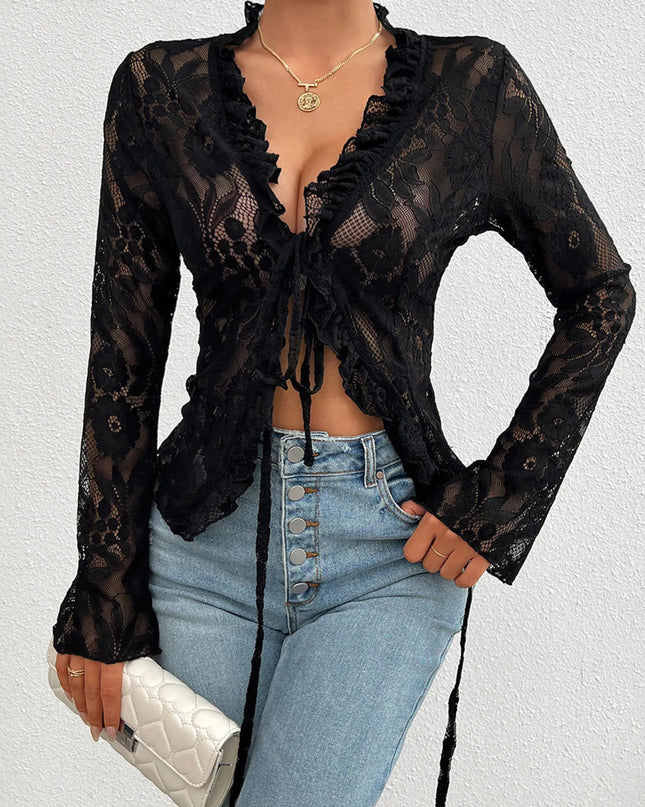 Tie Front Long Sleeve Lace Top Black