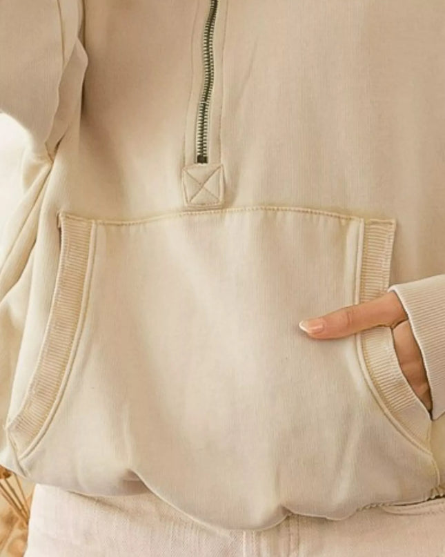 BiBi Stitch Detailed Elastic Hem Half Zip Fleece Hoodie