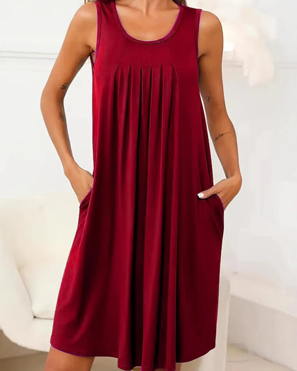Flowy Pleated Tank Dress with Pockets Burgundy