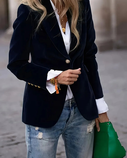 One Button Lapel Collar Long Sleeve Blazer Black