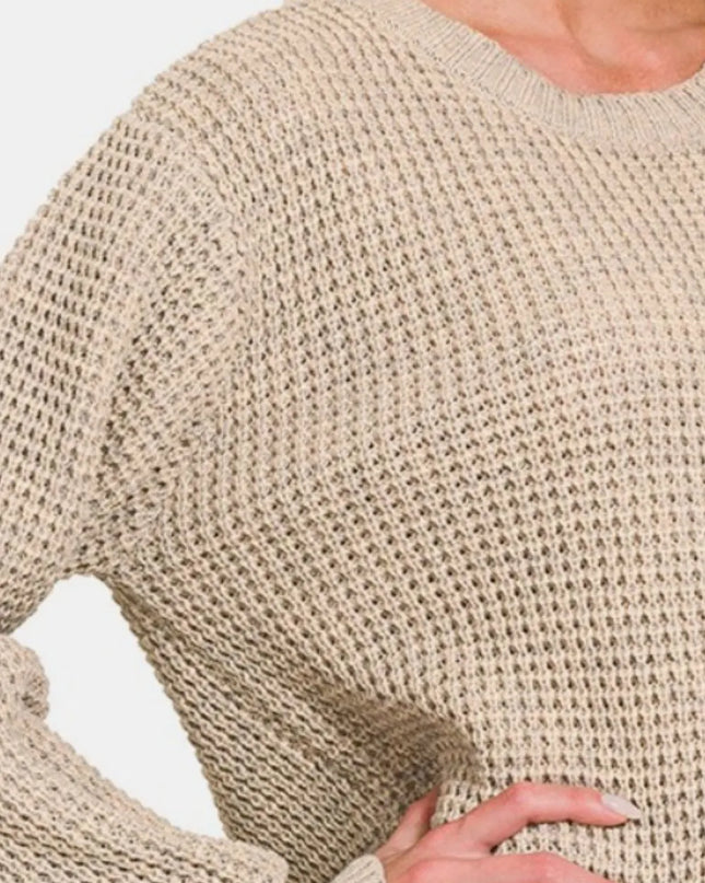 Zenana High Low Long Sleeve Waffle Sweater