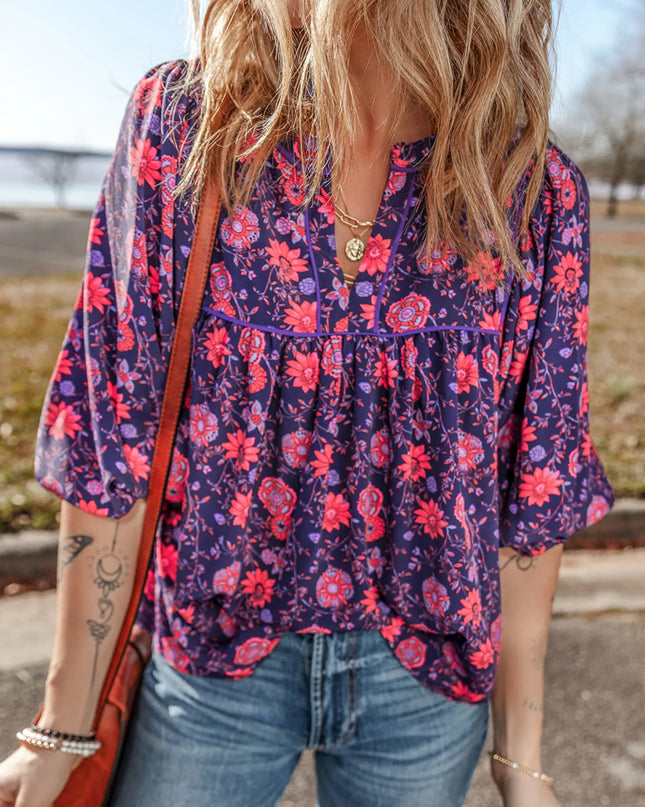 Floral Half Sleeve Split Neck Blouse Top