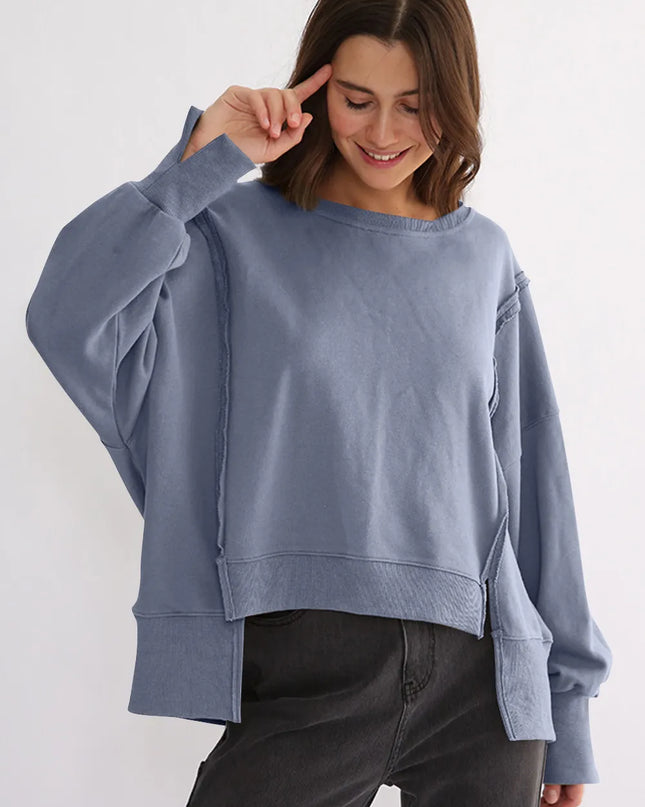 Exposed Seam High-Low Long Sleeve Sweatshirt Dusty Blue One Size