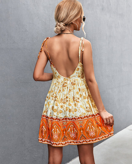 Bohemian Tie Shoulder Surplice Backless Dress