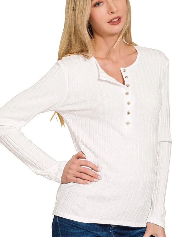 Zenana Ribbed Long Sleeve Half Button Top OFF WHITE