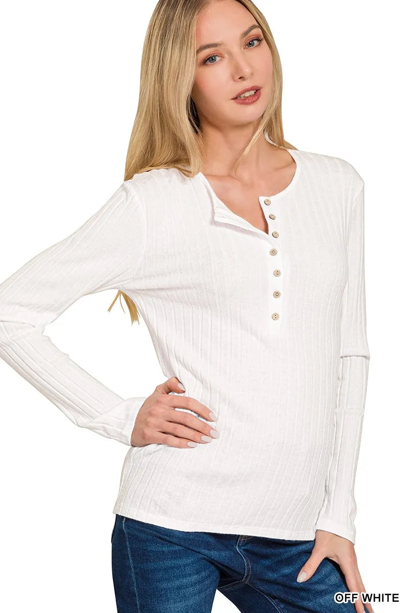 Zenana Ribbed Long Sleeve Half Button Top OFF WHITE