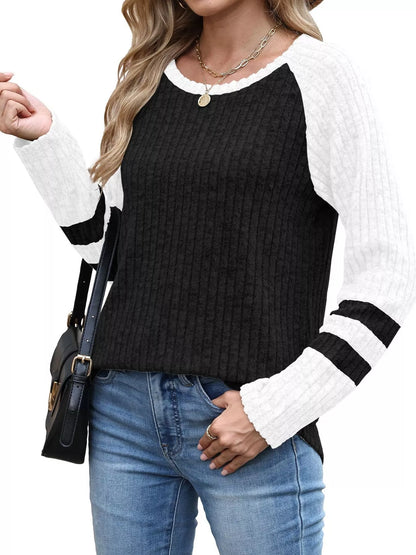 Ribbed Round Neck Raglan Sleeve Top