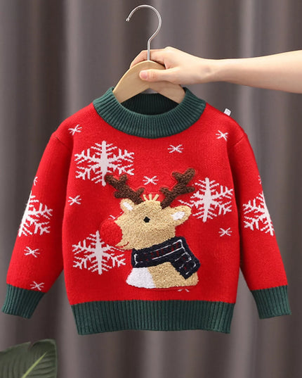 Children's Christmas Reindeer Snowflake Knitted Sweater Christmas Red