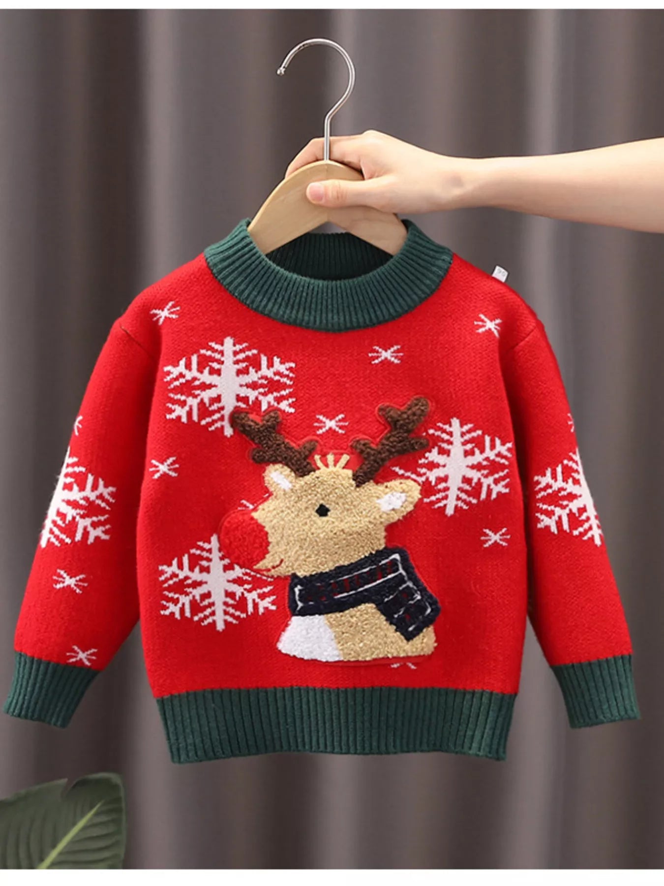 Children's Christmas Reindeer Snowflake Knitted Sweater Christmas Red