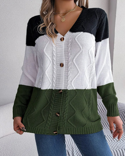 Cable-Knit Striped Button Up Cardigan Army Green