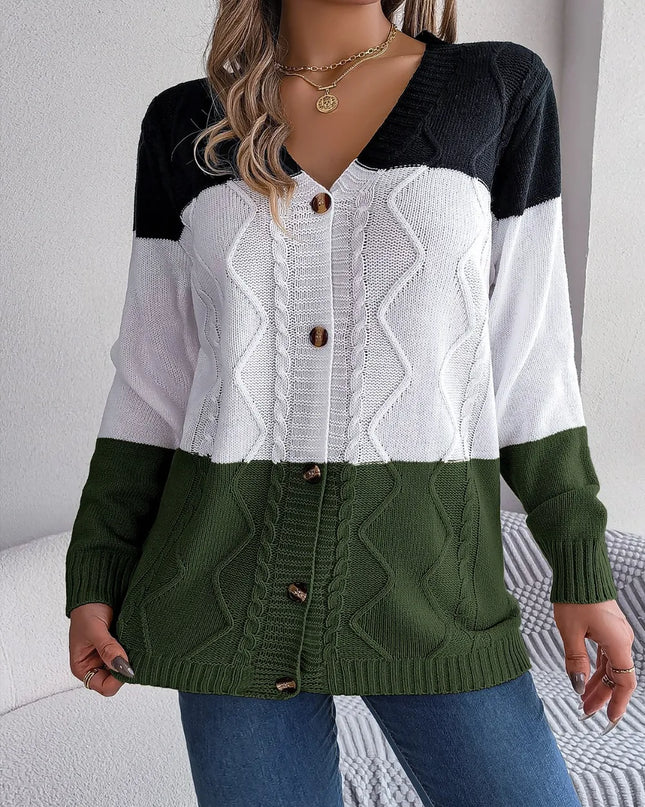 Cable-Knit Striped Button Up Cardigan Army Green