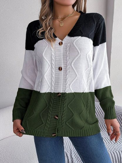 Cable-Knit Striped Button Up Cardigan Army Green