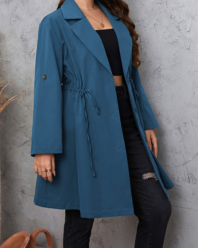 Honey Plus Size Lapel Collar Drawstring Roll-Tab Sleeve Trench Coat