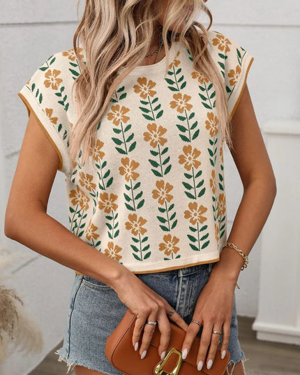 Flower Round Neck Short Sleeve Knit Top Tan