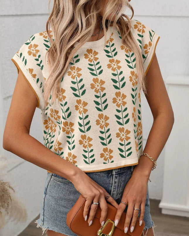 Flower Round Neck Short Sleeve Knit Top Tan