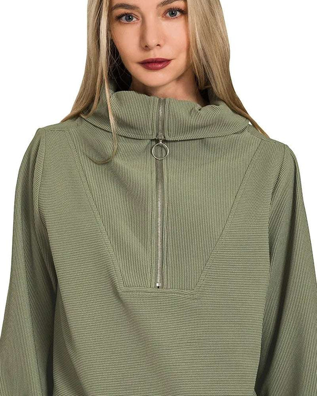 Zenana Ribbed High Neck Half Zip Pullover & Pants Set